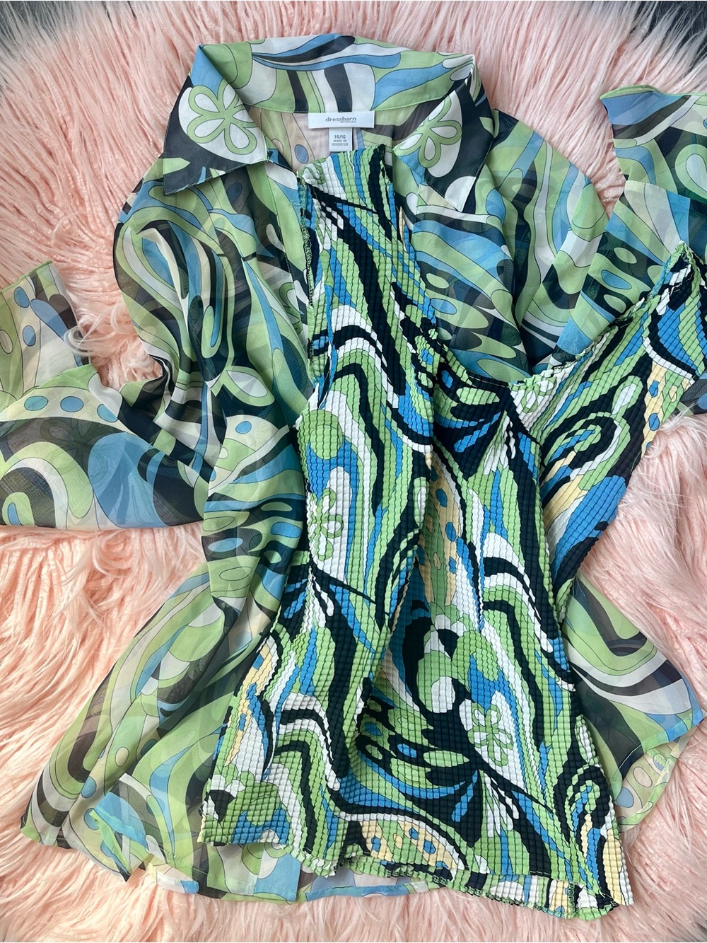 y2k Dress Barn Green Blue Multicolor Printed Blouse Set